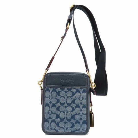 【COACH】滿版LOGO織布拼接皮革方形斜背包-深藍