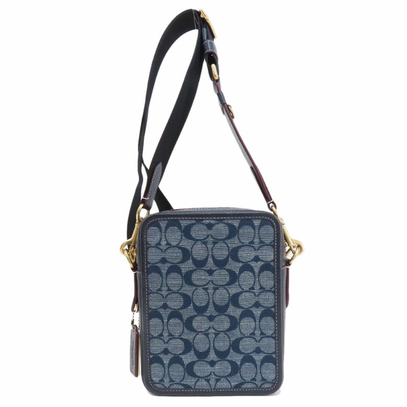 【COACH】滿版LOGO織布拼接皮革方形斜背包-深藍-1
