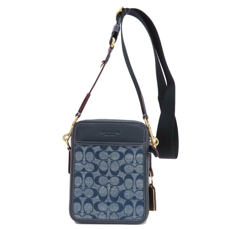 【COACH】滿版LOGO織布拼接皮革方形斜背包-深藍-4