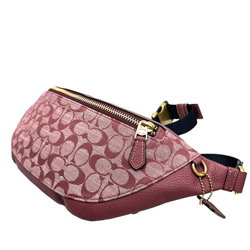 【COACH】滿版LOGO拼接皮革雙層腰包 -酒紅-1