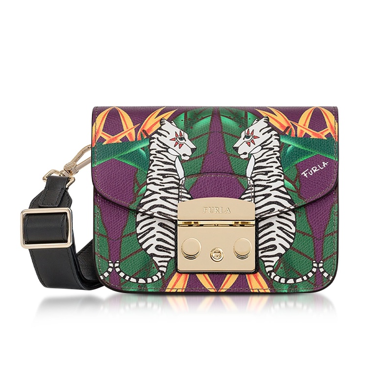 Furla METROPOLIS 義大利🇮🇹 叢林系列 紫色系白色老虎 🐯小方包 肩背包 揹袋可調 機場免稅店購入-3