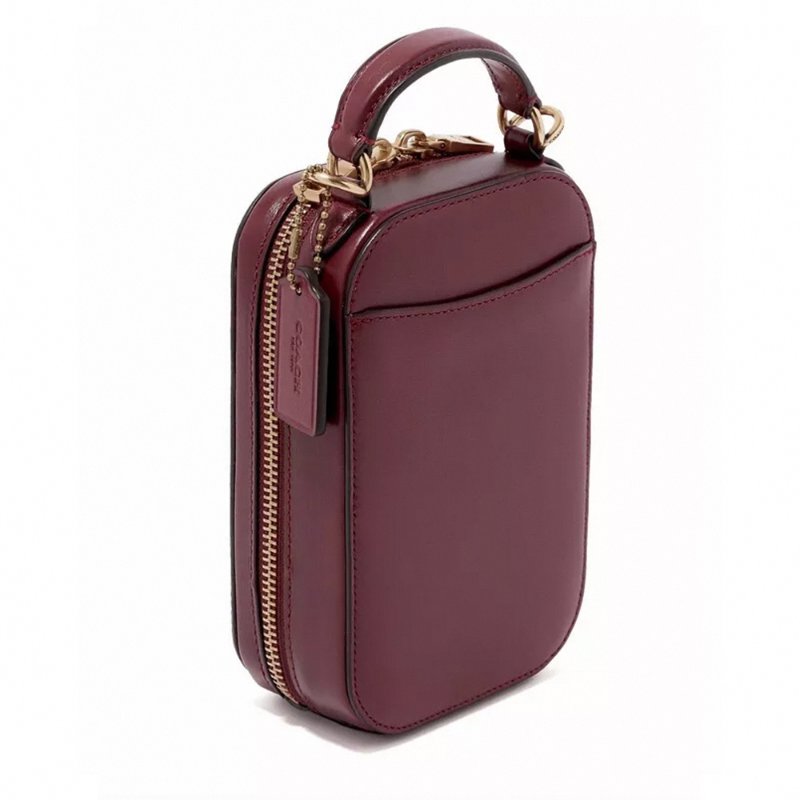 【COACH】滿版LOGO拼接皮革手機鍊包 -酒紅-2