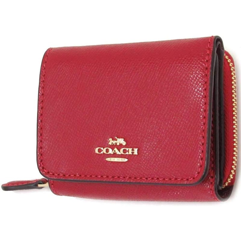 【COACH】素面防刮皮革三折短夾-紅色-3