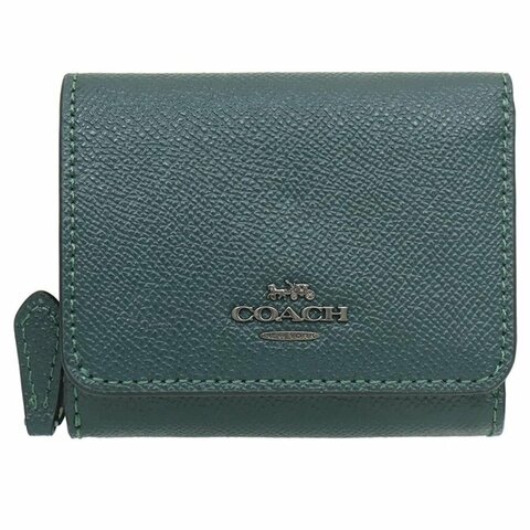 【COACH】素面防刮皮革三折短夾-深綠