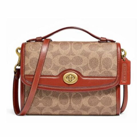 【COACH】滿版LOGO拼接皮革翻蓋兩用包-駝磚紅