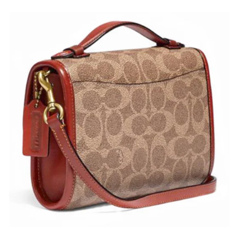 【COACH】滿版LOGO拼接皮革翻蓋兩用包-駝磚紅-4