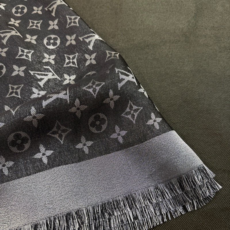 LV 黑銀蔥Logo羊毛絲質方巾M75123-2