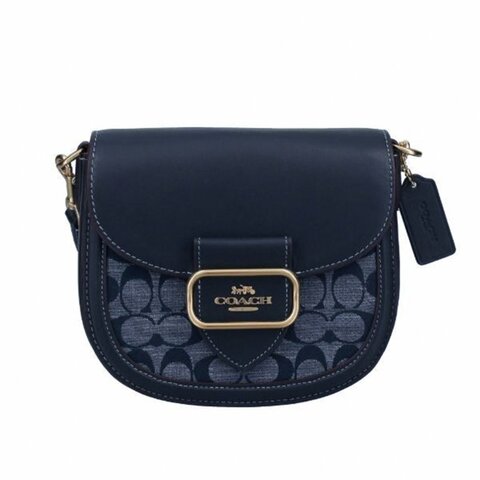 【COACH】滿版LOGO翻蓋皮革馬鞍斜背包-丹寧深藍