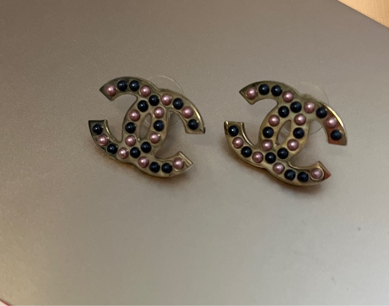 Chanel 銀雙C藍粉株株針式耳環-0