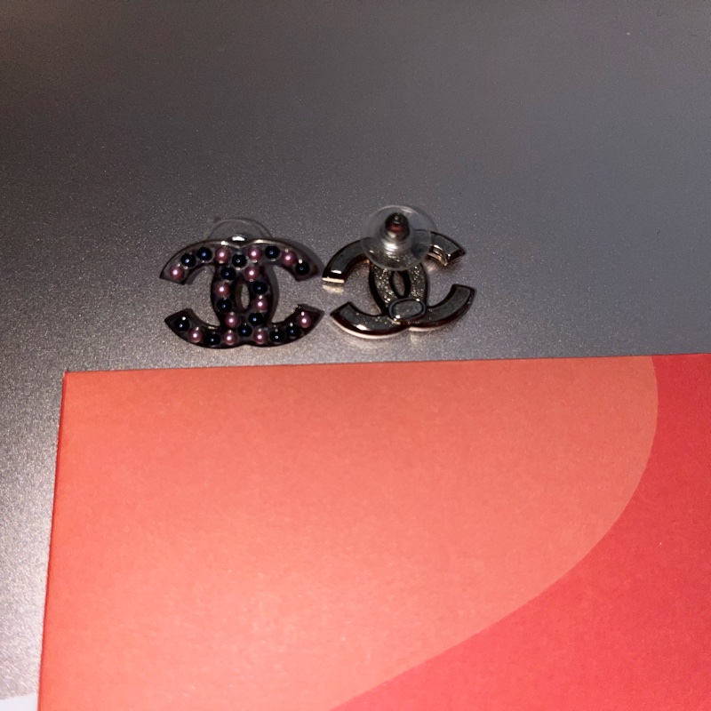 Chanel 銀雙C藍粉株株針式耳環-4