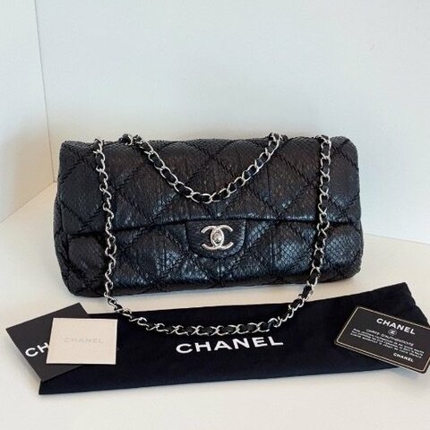 香奈兒/Chanel 黑銀蛇皮法棍CF 鏈條包