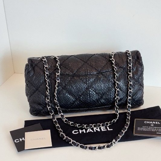 香奈兒/Chanel 黑銀蛇皮法棍CF 鏈條包-1