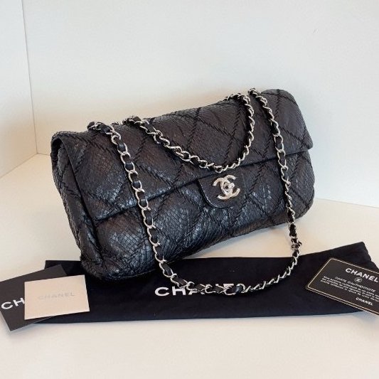 香奈兒/Chanel 黑銀蛇皮法棍CF 鏈條包-2