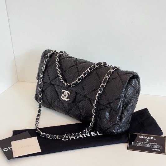 香奈兒/Chanel 黑銀蛇皮法棍CF 鏈條包-3