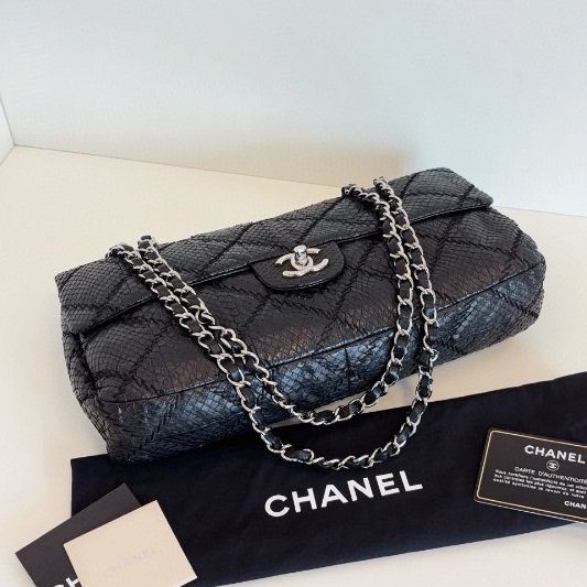 香奈兒/Chanel 黑銀蛇皮法棍CF 鏈條包-5