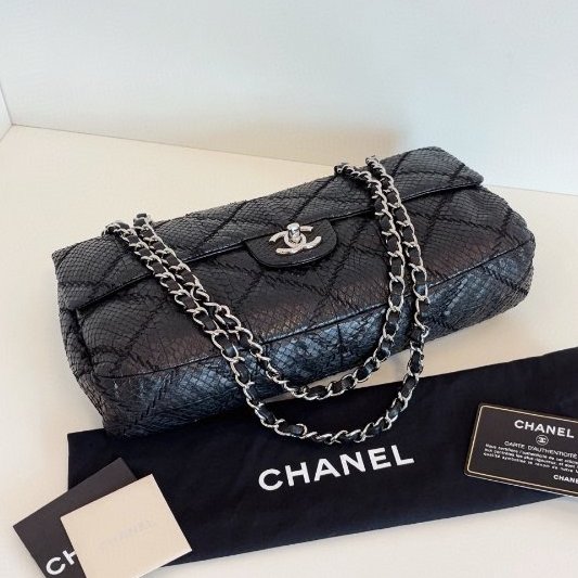 香奈兒/Chanel 黑銀蛇皮法棍CF 鏈條包-8