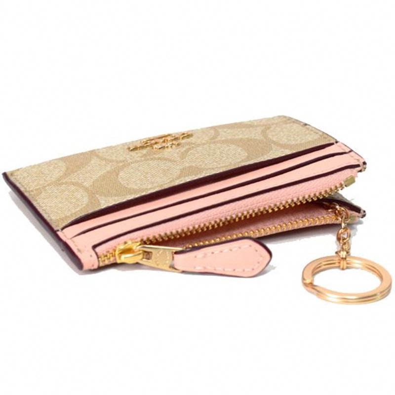 【COACH】滿版LOGO拼接皮革卡片零錢包-米粉-1