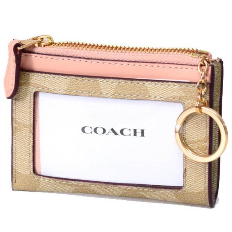 【COACH】滿版LOGO拼接皮革卡片零錢包-米粉-2