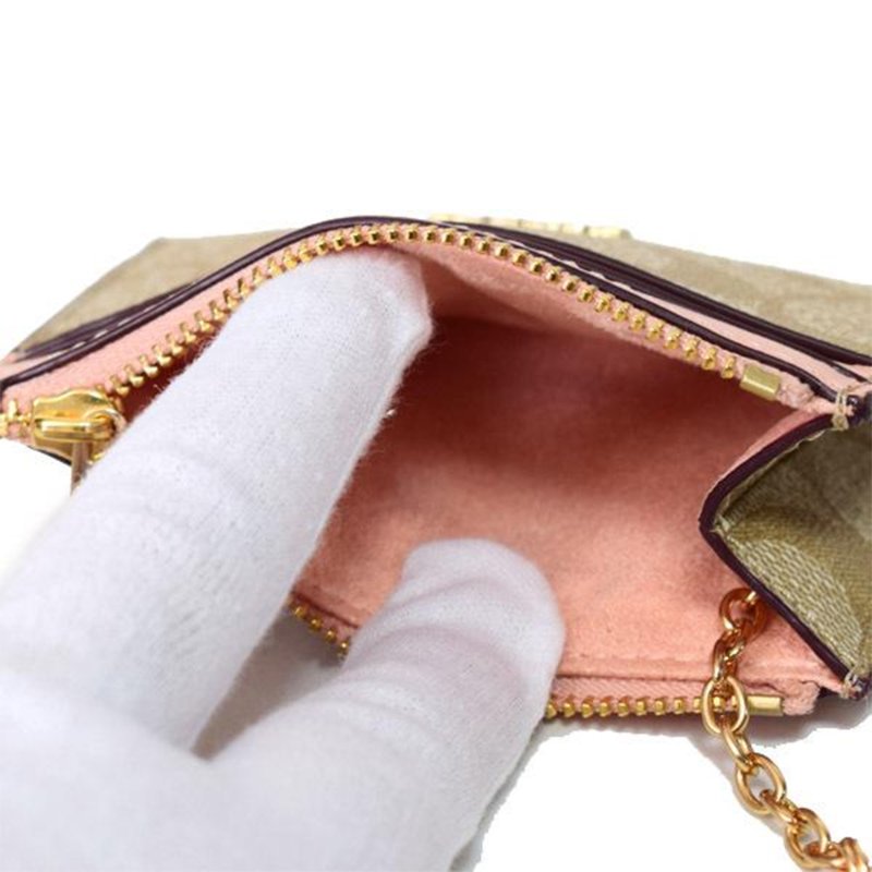 【COACH】滿版LOGO拼接皮革卡片零錢包-米粉-3