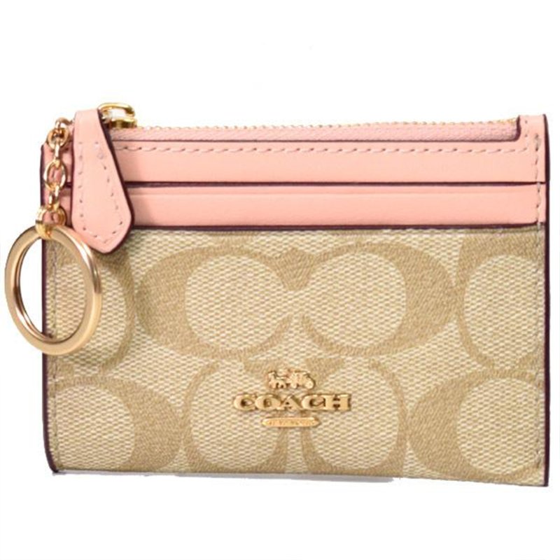 【COACH】滿版LOGO拼接皮革卡片零錢包-米粉-4