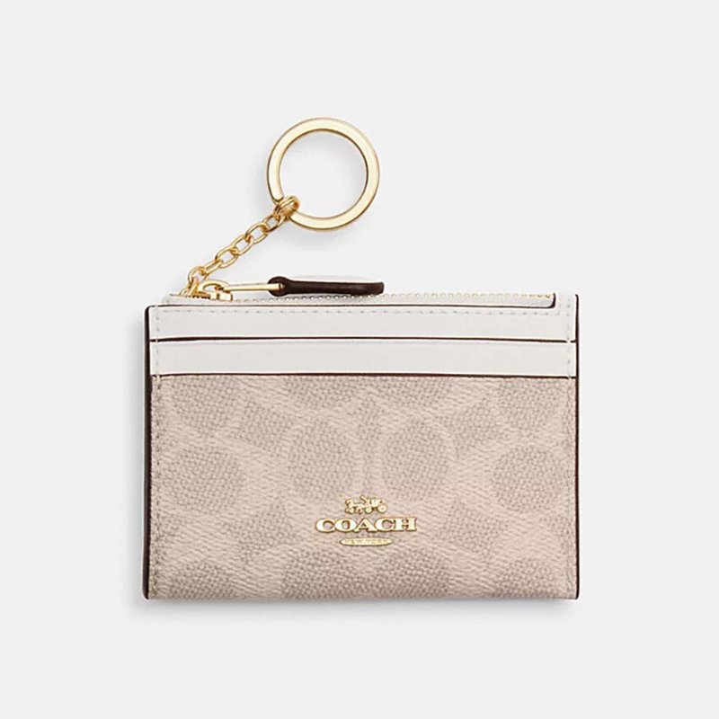 【COACH】滿版LOGO拼接皮革卡片零錢包-卡其白-0
