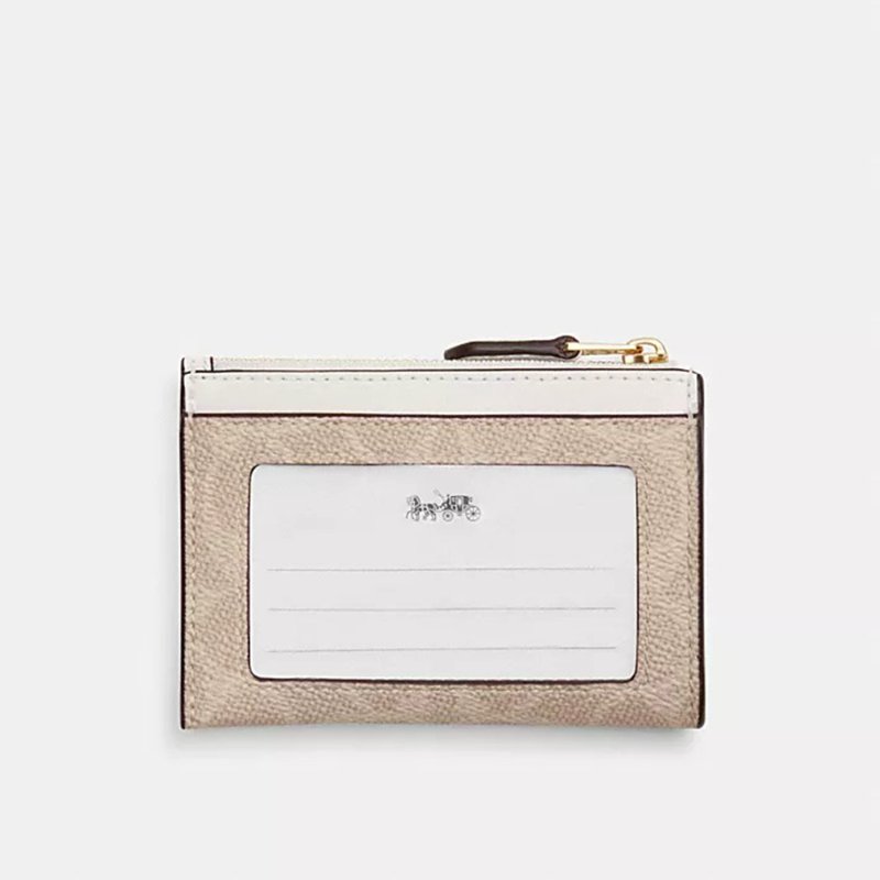 【COACH】滿版LOGO拼接皮革卡片零錢包-卡其白-3