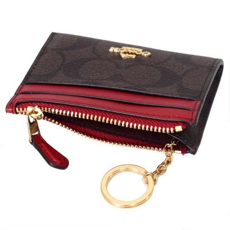 【COACH】滿版LOGO拼接皮革卡片零錢包-咖紅-2