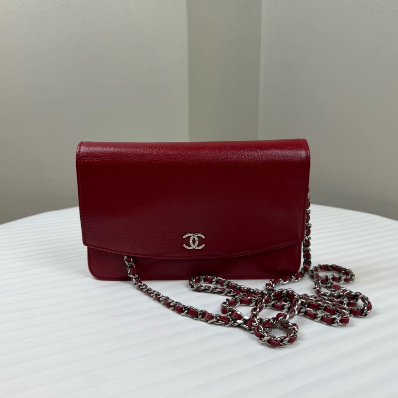 香奈兒/Chanel WOC 銀扣紅色魚子醬牛皮鏈條斜背包18x3x12cm-0