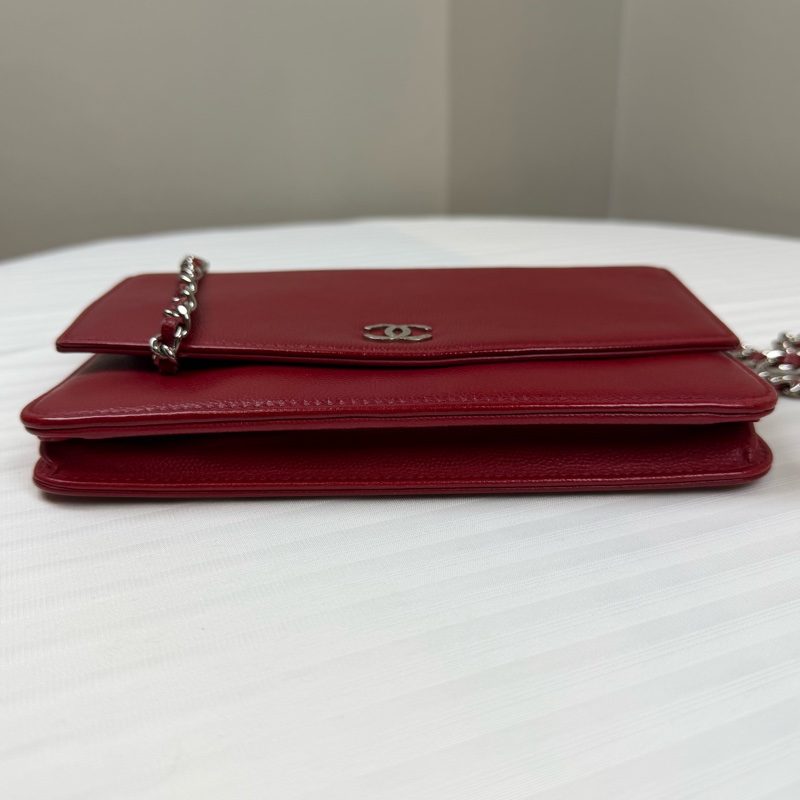 香奈兒/Chanel WOC 銀扣紅色魚子醬牛皮鏈條斜背包18x3x12cm-11