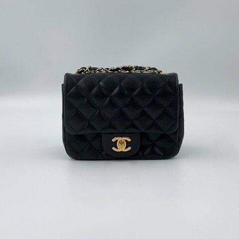 CHANEL黑色羊皮金鍊菱格方胖A35200