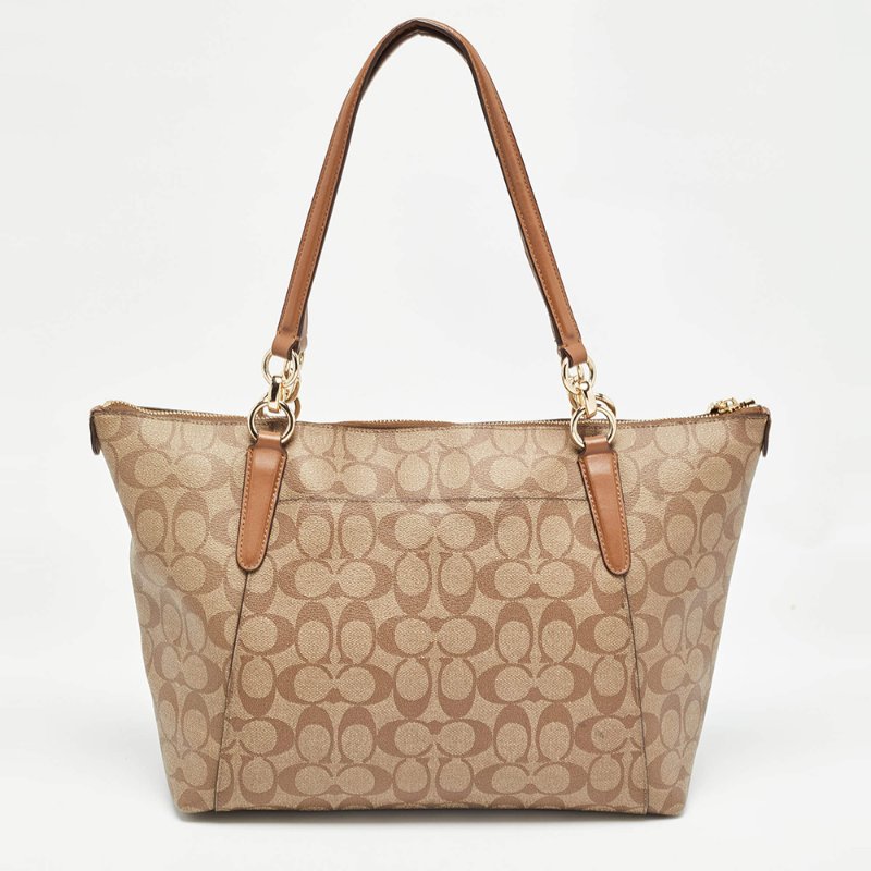 【COACH】滿版LOGO皮革托特包-卡其駝色-1