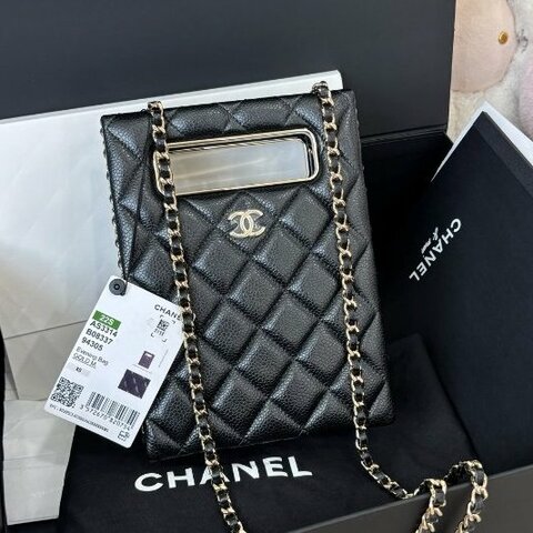 全新品 香奈兒/Chanel 黑金荔枝紋羊皮tote鏈條包 芯片款