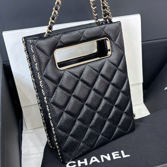 全新品 香奈兒/Chanel 黑金荔枝紋羊皮tote鏈條包 芯片款-1