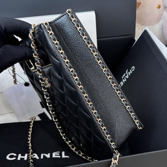 全新品 香奈兒/Chanel 黑金荔枝紋羊皮tote鏈條包 芯片款-3