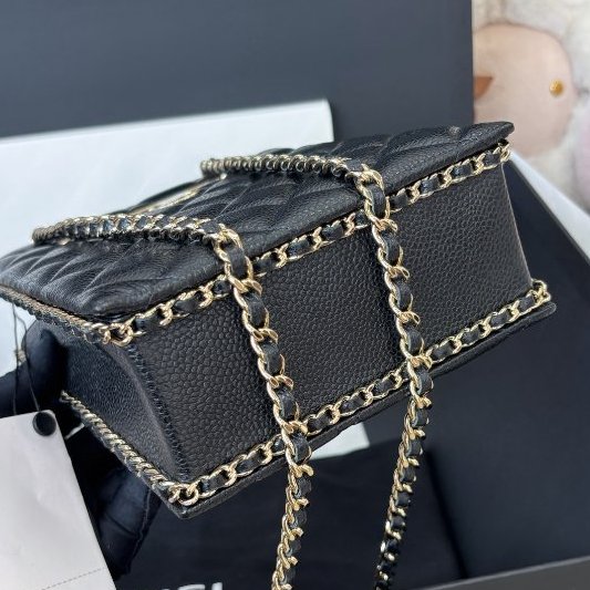全新品 香奈兒/Chanel 黑金荔枝紋羊皮tote鏈條包 芯片款-4