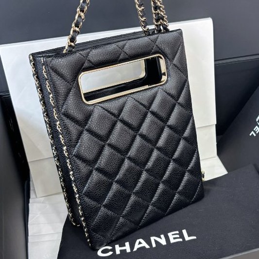 全新品 香奈兒/Chanel 黑金荔枝紋羊皮tote鏈條包 芯片款-6