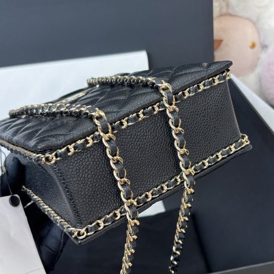 全新品 香奈兒/Chanel 黑金荔枝紋羊皮tote鏈條包 芯片款-7