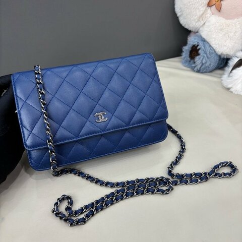 香奈兒/Chanel 藍色羊皮woc菱格紋鏈條包
