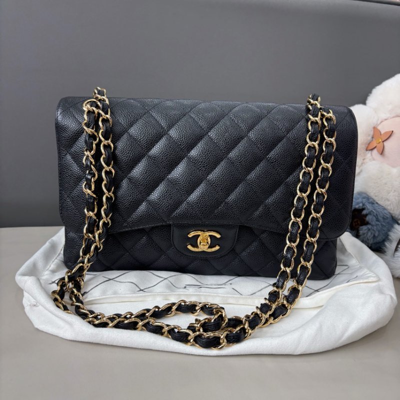 香奈兒/Chanel 黑金荔枝紋牛皮Jumbo鏈條包-0