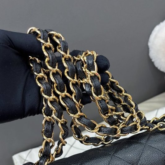 香奈兒/Chanel 黑金荔枝紋牛皮Jumbo鏈條包-10