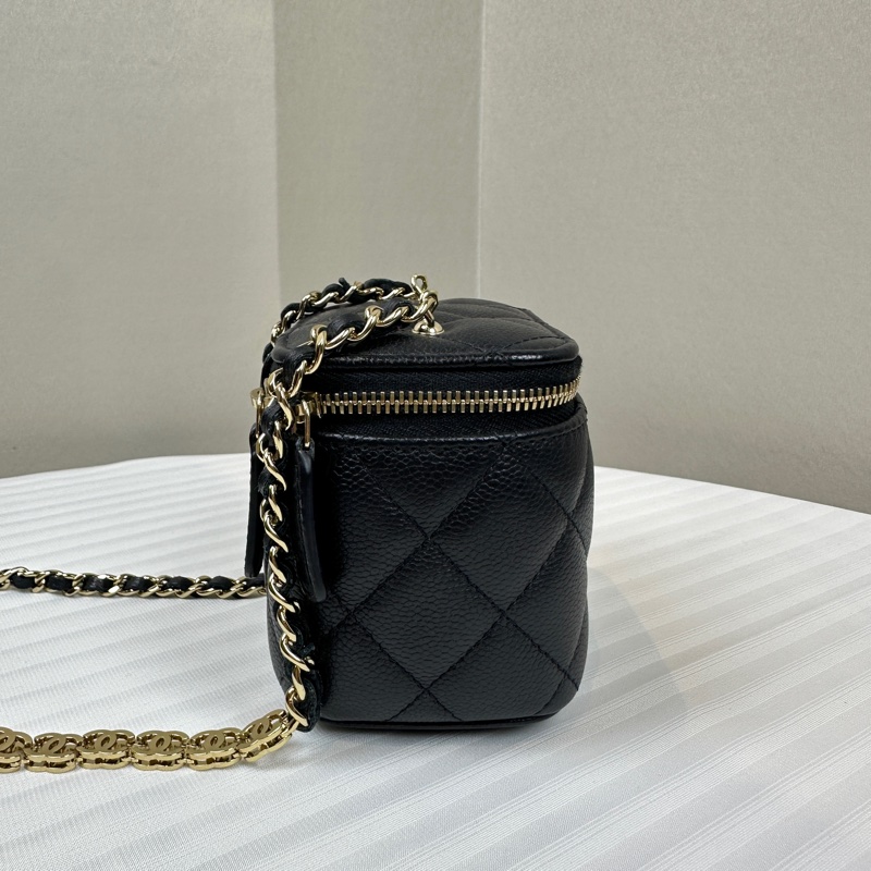 香奈兒/Chanel Small Vanity with Chain 經典小型金扣黑色牛皮 鍊帶盒子包化妝包斜背包10×7×9cm-4