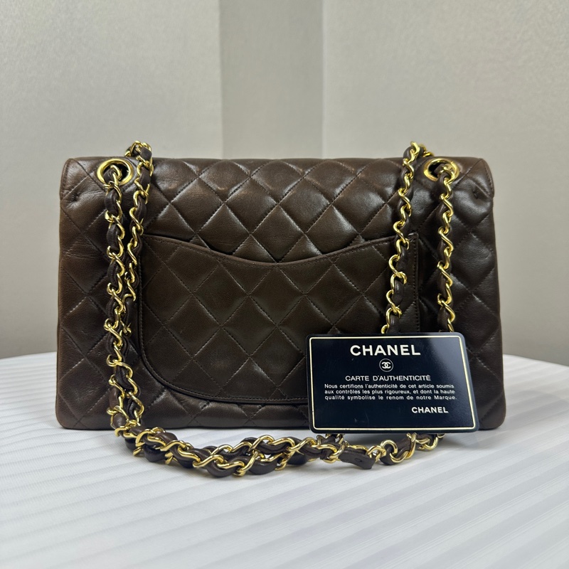香奈兒/Chanel 經典CF口蓋包 金扣深棕羊皮菱格紋鏈條包 25x8x15.5cm-1