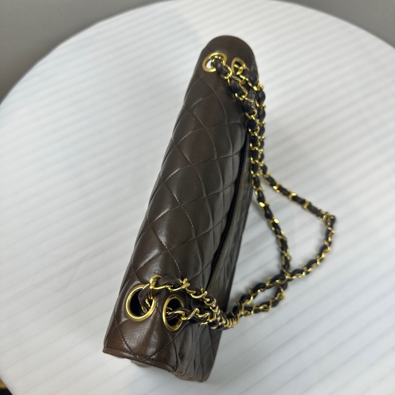 香奈兒/Chanel 經典CF口蓋包 金扣深棕羊皮菱格紋鏈條包 25x8x15.5cm-2