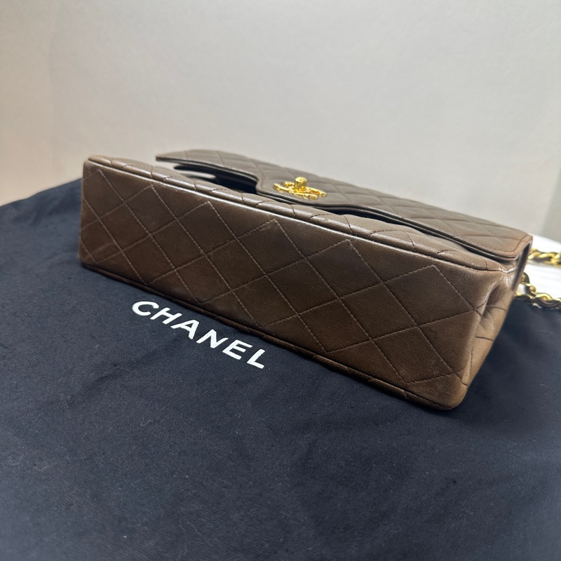 香奈兒/Chanel 經典CF口蓋包 金扣深棕羊皮菱格紋鏈條包 25x8x15.5cm-3
