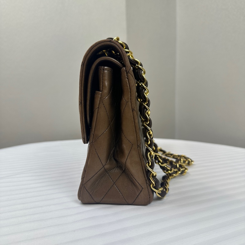 香奈兒/Chanel 經典CF口蓋包 金扣深棕羊皮菱格紋鏈條包 25x8x15.5cm-4