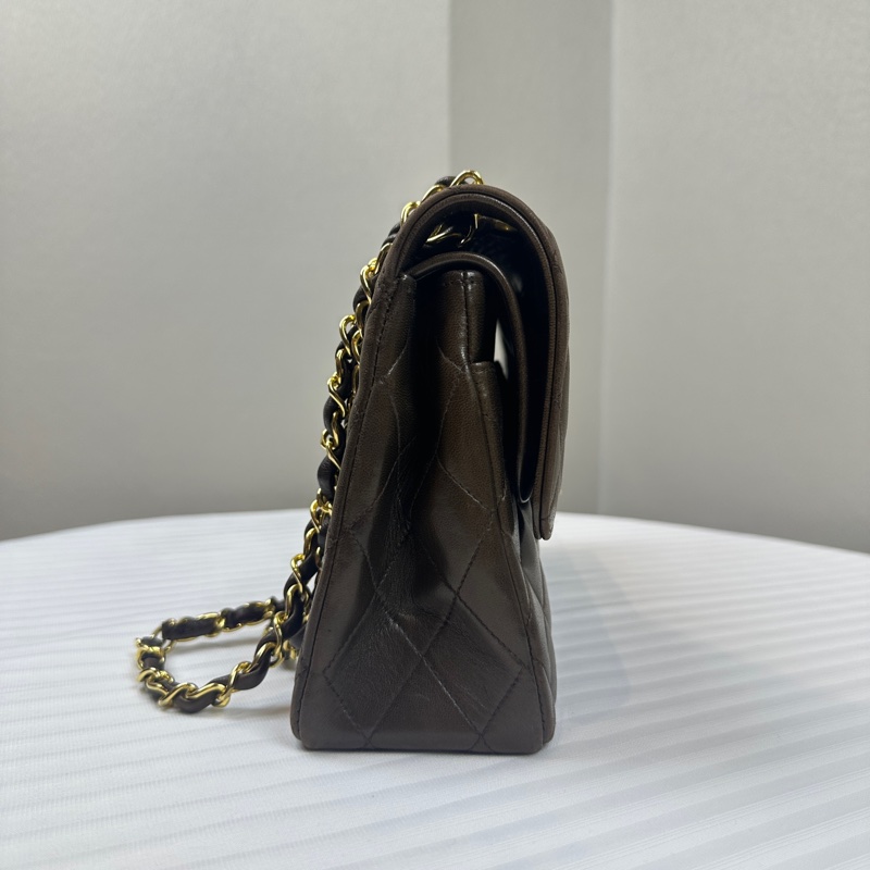 香奈兒/Chanel 經典CF口蓋包 金扣深棕羊皮菱格紋鏈條包 25x8x15.5cm-5