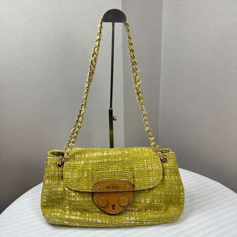 普拉達/Prada Senape Tela Tweed綠色粗花呢鏈條單肩包30x8x15cm