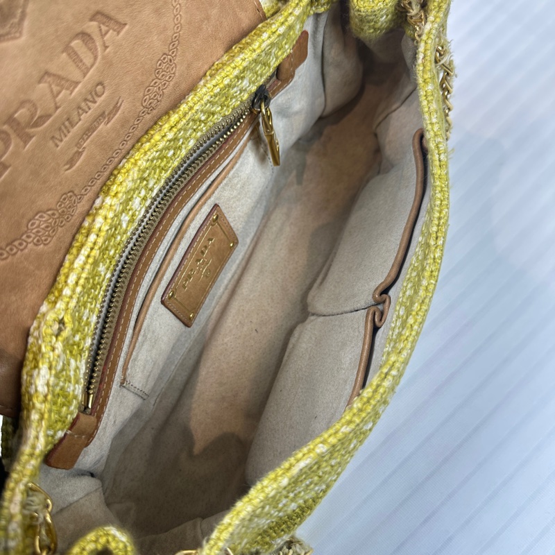普拉達/Prada Senape Tela Tweed綠色粗花呢鏈條單肩包30x8x15cm-6