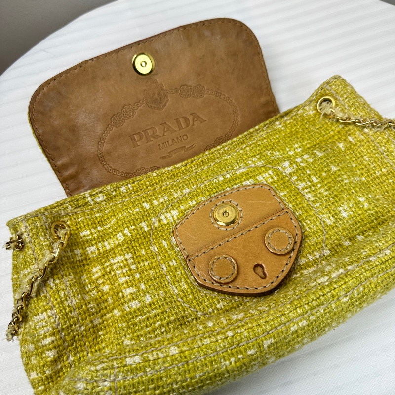 普拉達/Prada Senape Tela Tweed綠色粗花呢鏈條單肩包30x8x15cm-7