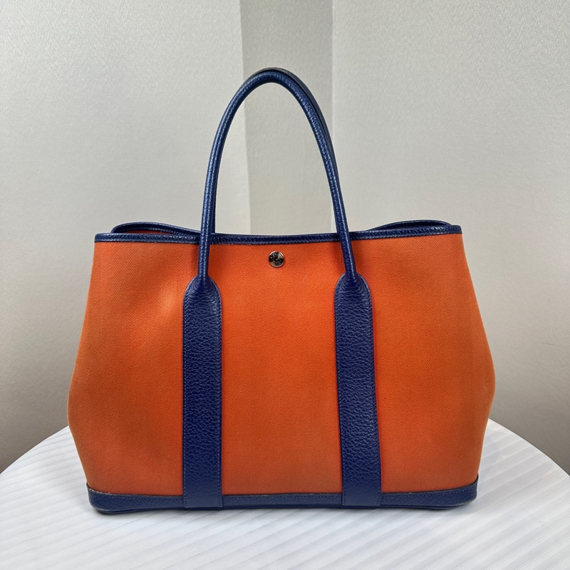 愛馬仕/Hermes Garden Party 36 橘色帆布拼藍色皮革單肩手提包 花園包36x17x26cm-1